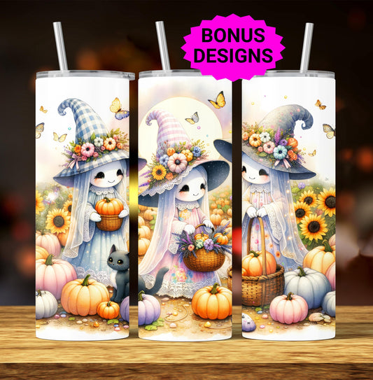 Cottagecore Ghosts Halloween Season, 20 oz Skinny Tumbler Sublimation Design, Halloween Sunflower Garden Tumbler Wrap, Digital Download