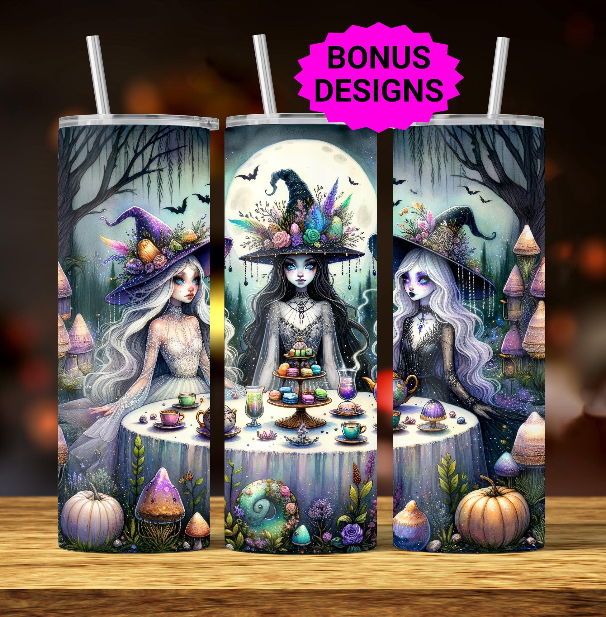 Witch Tea Party Halloween Tumbler Wrap, 20oz Skinny Tumbler Sublimation Design, Spooky Tumbler Wrap, Witch's Halloween PNG, Digital Download