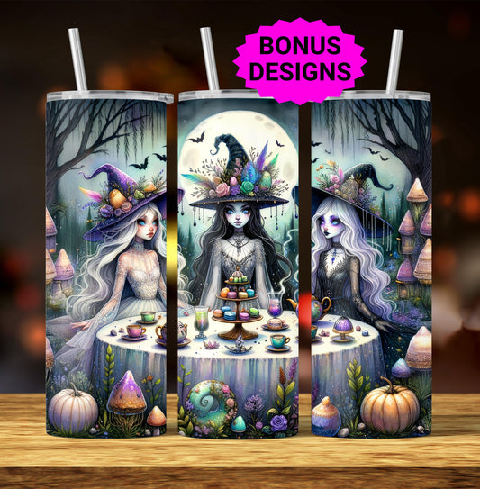 Witch Tea Party Halloween Tumbler Wrap, 20oz Skinny Tumbler Sublimation Design, Spooky Tumbler Wrap, Witch's Halloween PNG, Digital Download