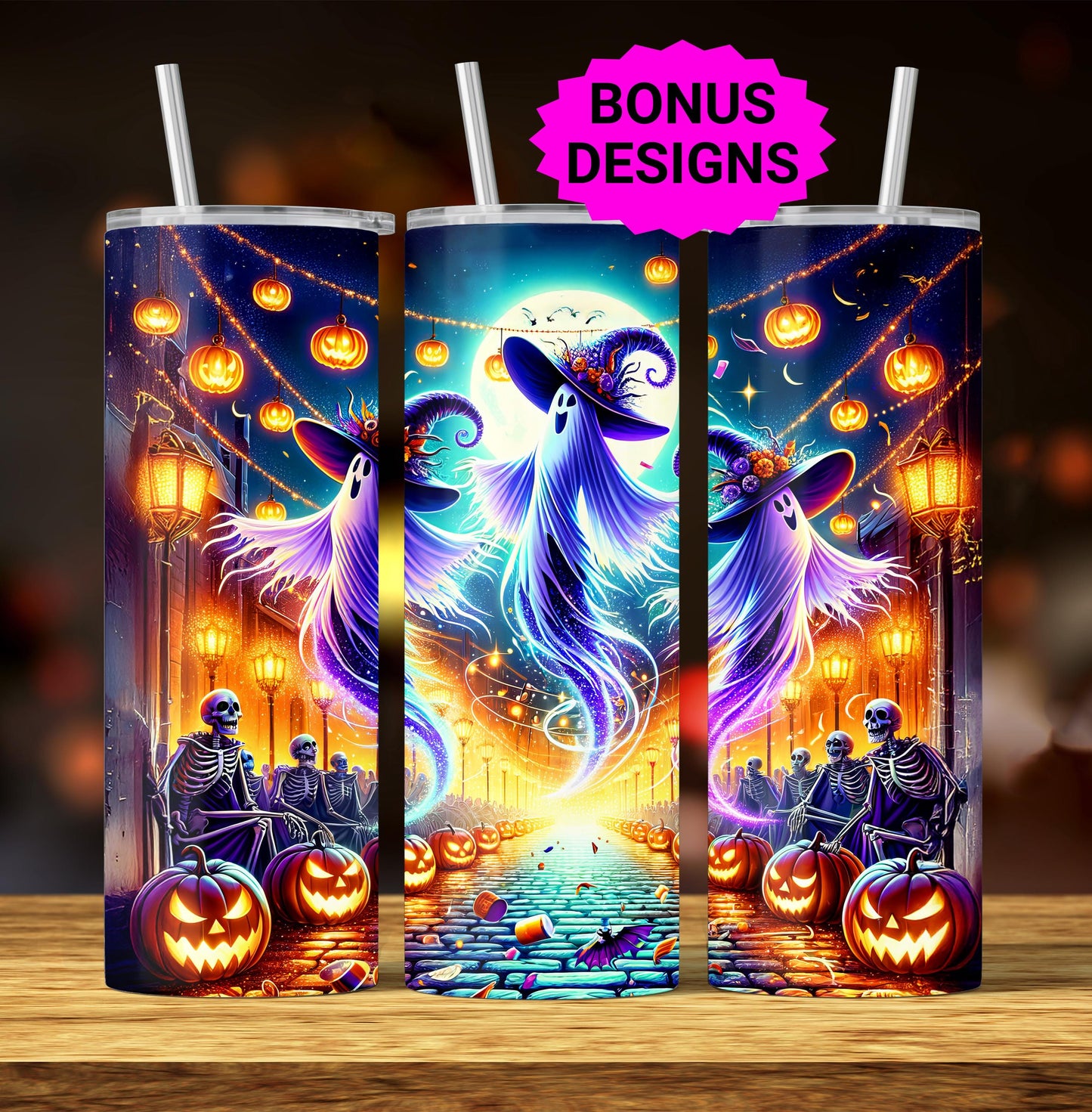 Ghostly Dance Halloween PartyTumbler Wrap, 20oz Skinny Tumbler Sublimation Design, Spooky Skeletons Tumbler Wrap, PNG Digital Download