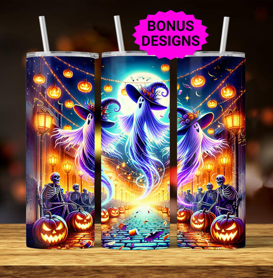 Ghostly Dance Halloween PartyTumbler Wrap, 20oz Skinny Tumbler Sublimation Design, Spooky Skeletons Tumbler Wrap, PNG Digital Download
