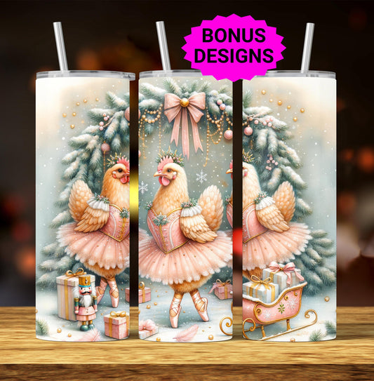 Cottagecore Christmas Chickens Dancing Ballet , 20oz Skinny Sublimation Tumbler Design, Chicken Lover 20 oz Seamless Tumbler