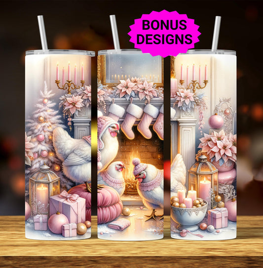 Cottagecore Chickens Christmas , 20oz Skinny Sublimation Tumbler Design, Vintage Christmas, Chicken Lover 20 oz Seamless Tumbler