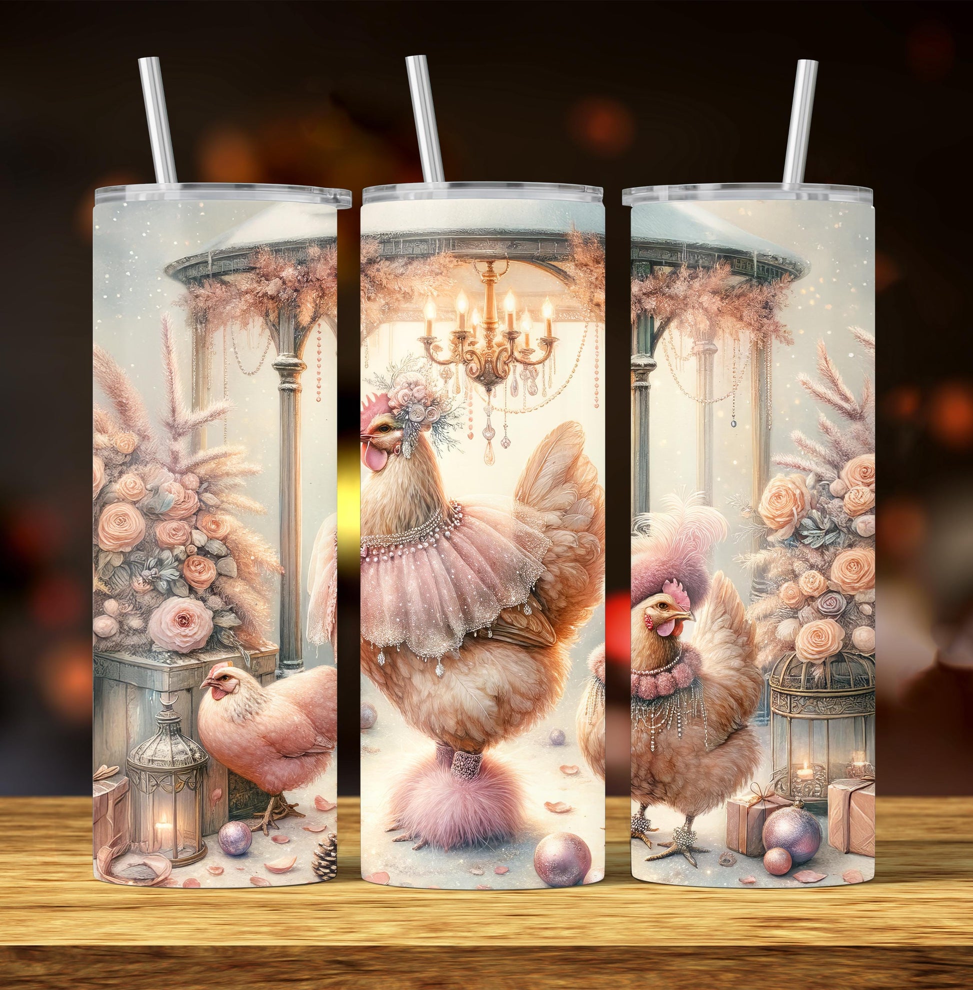 Coquette Chickens Christmas Party, 20oz Skinny Sublimation Tumbler Design, Vintage Christmas, Chicken Lover 20 oz Seamless Tumbler