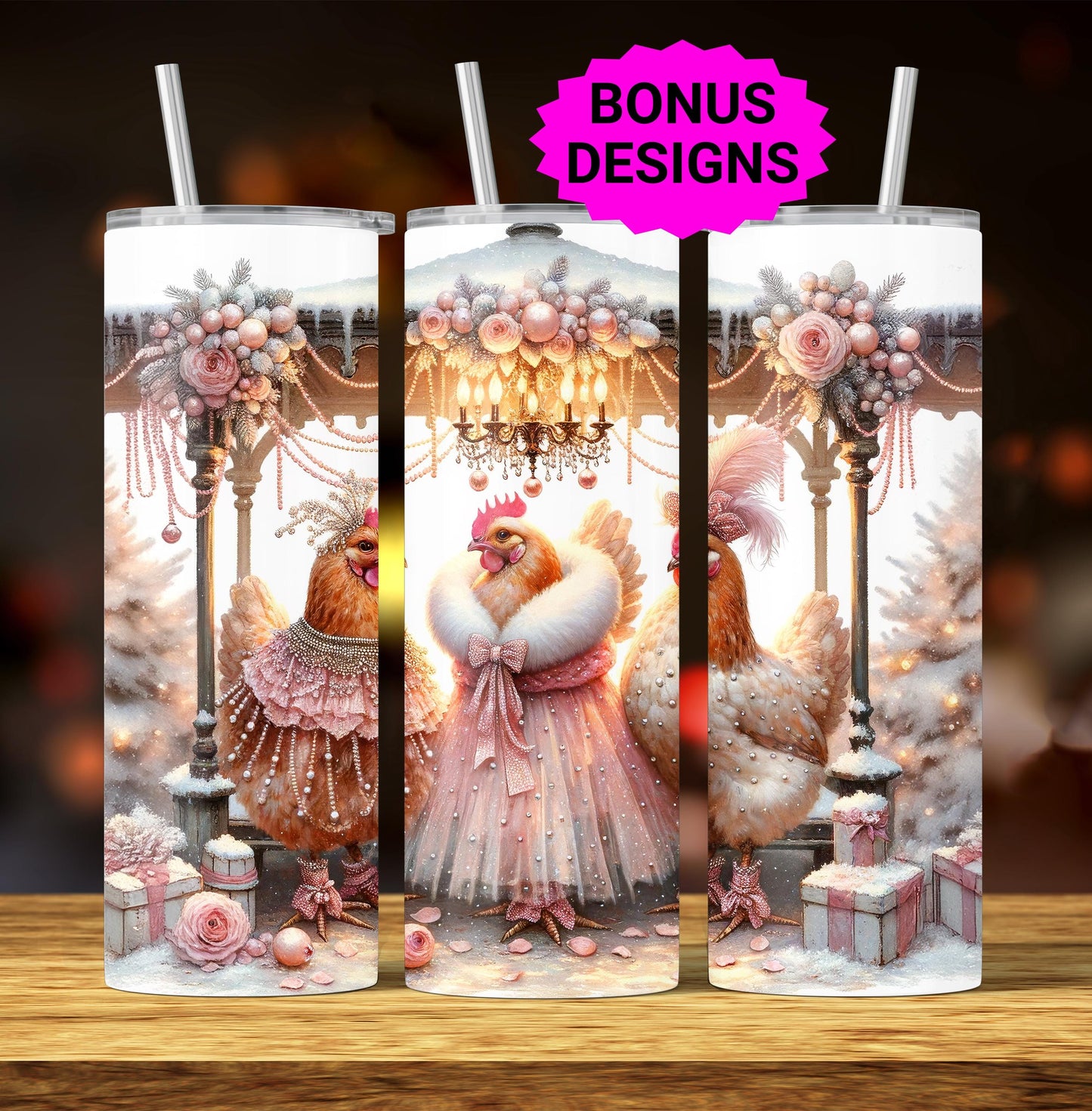 Coquette Chickens Christmas Party, 20oz Skinny Sublimation Tumbler Design, Vintage Christmas, Chicken Lover 20 oz Seamless Tumbler