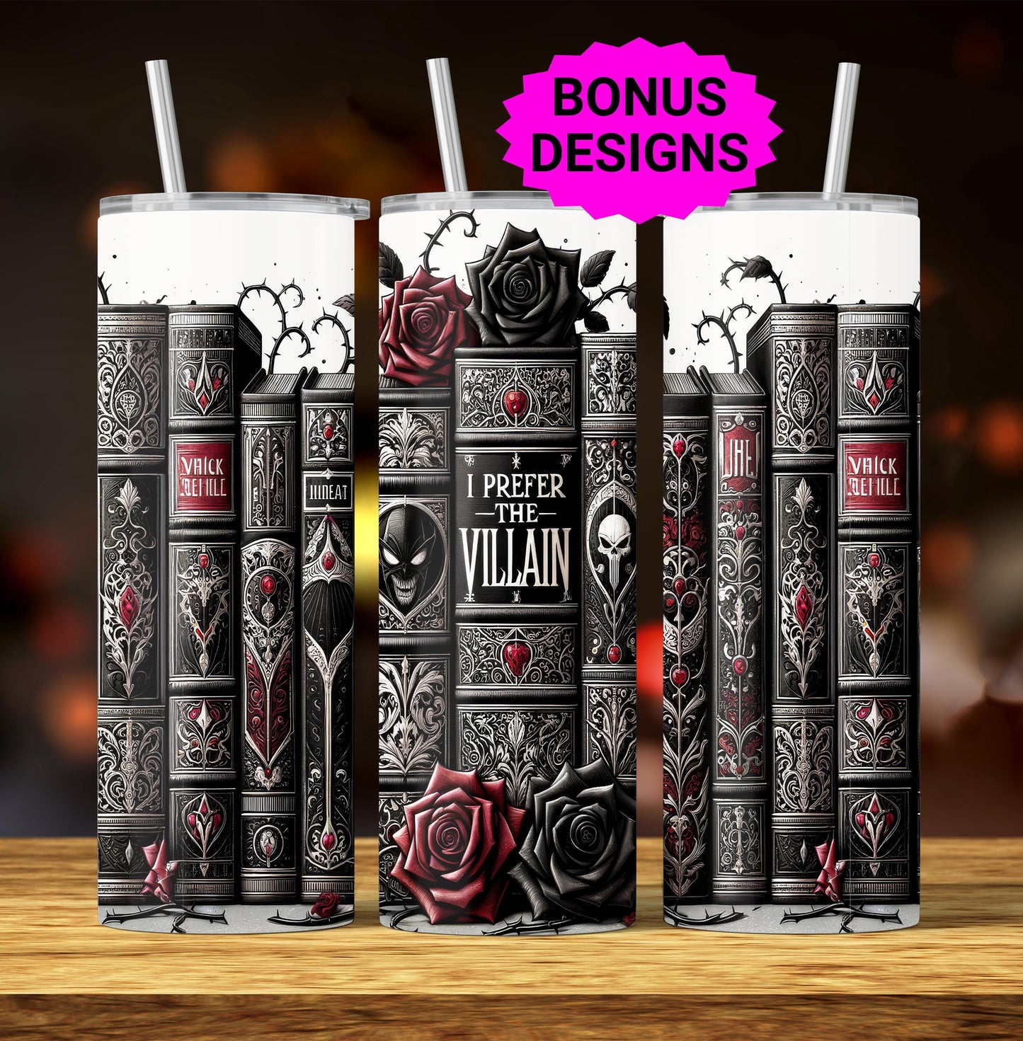 Romantasy I Prefer the Villain Book Lover 20 oz Skinny Tumbler Sublimation, Dark Romance, Gothic Fantasy Book Tumbler PNG Digital Download