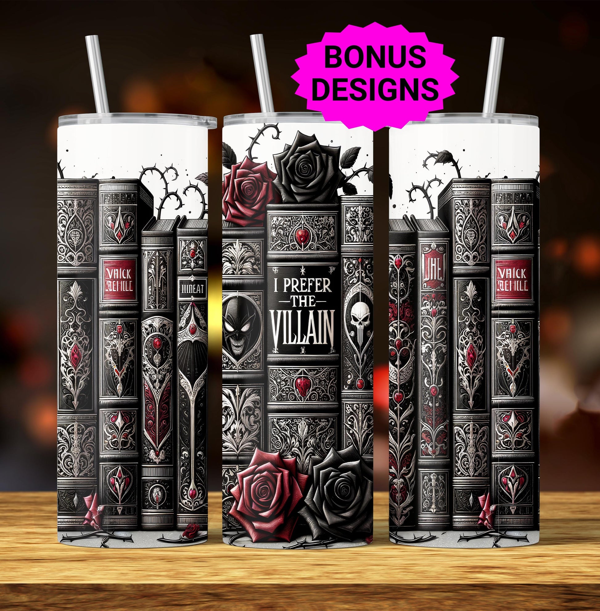 Romantasy I Prefer the Villain Book Lover 20 oz Skinny Tumbler Sublimation, Dark Romance, Gothic Fantasy Book Tumbler PNG Digital Download