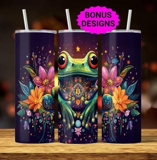 Magical Green Frog 20oz Skinny Tumbler Designs, Seamless Floral Peace 20 oz Tumbler Wrap Template, PNG Digital Download