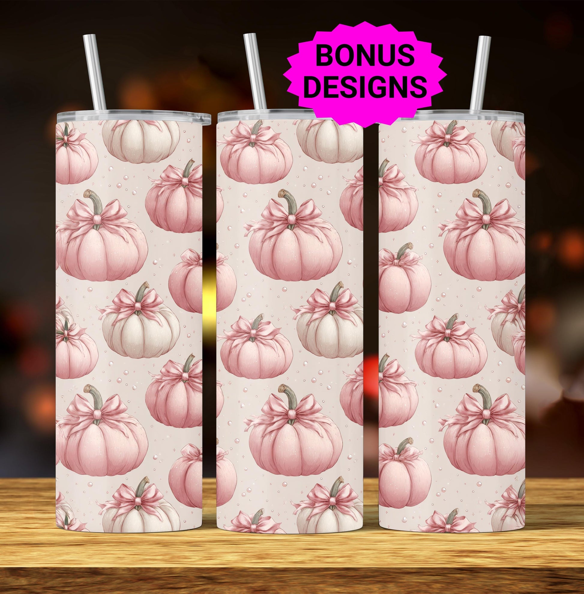 Coquette Pink Bows & Fall Pumpkins 20oz Skinny Tumbler Seamless Sublimation Design Templates, Tumbler Straight PNG Digital Download