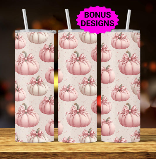 Coquette Pink Bows & Fall Pumpkins 20oz Skinny Tumbler Seamless Sublimation Design Templates, Tumbler Straight PNG Digital Download