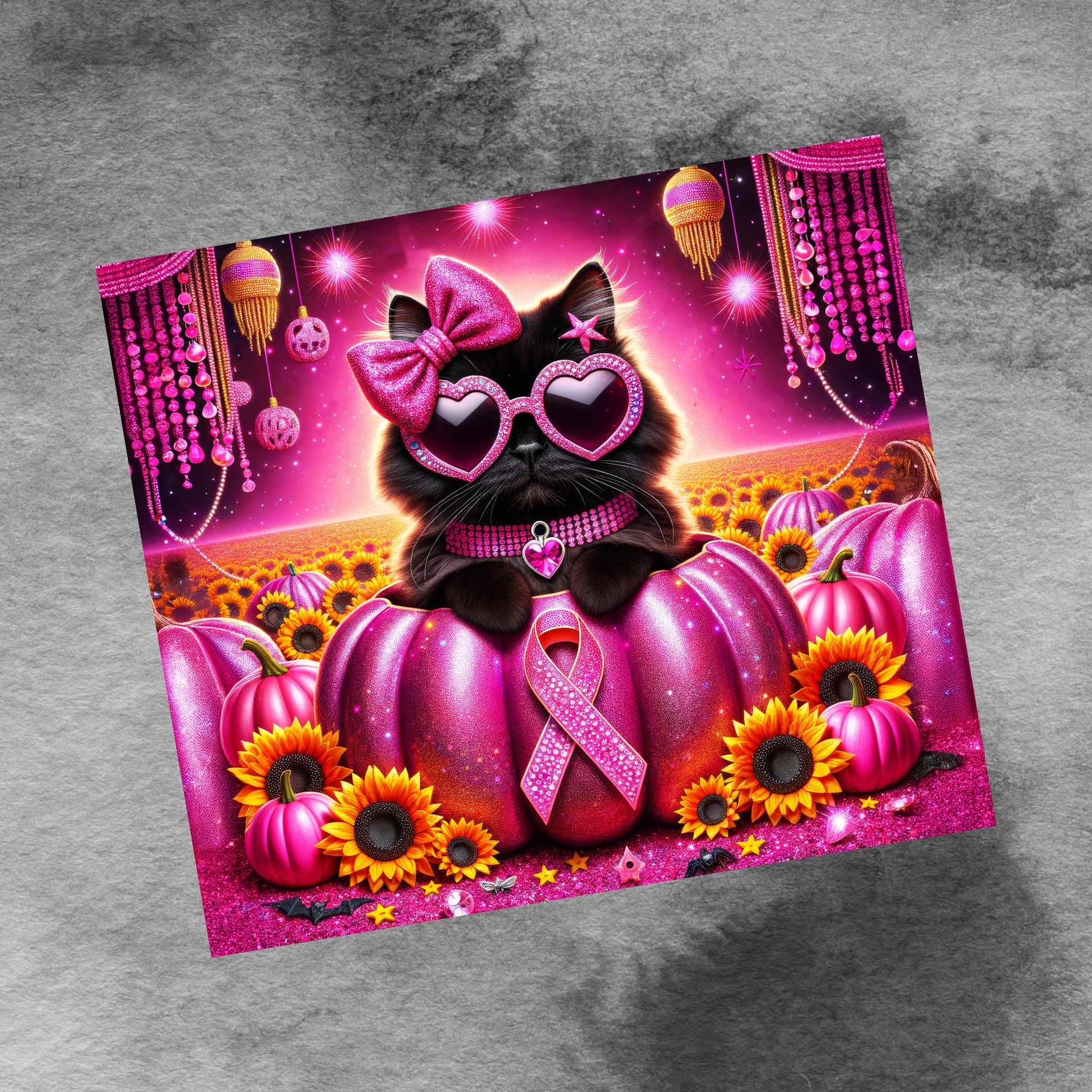Breast Cancer Pink Ribbon Halloween 20oz Skinny Tumbler Wrap, Black Cat Sunflowers Seamless Sublimation Design Digital Download PNG Instant