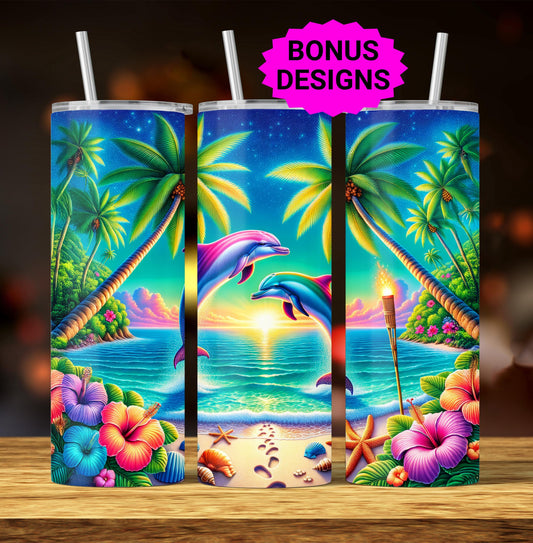 Dolphins Dancing in Sunrise of Hibiscus Flowers 20oz Skinny Tumbler Designs, Seamless 20 oz Tumbler Wrap Template, PNG Digital Download