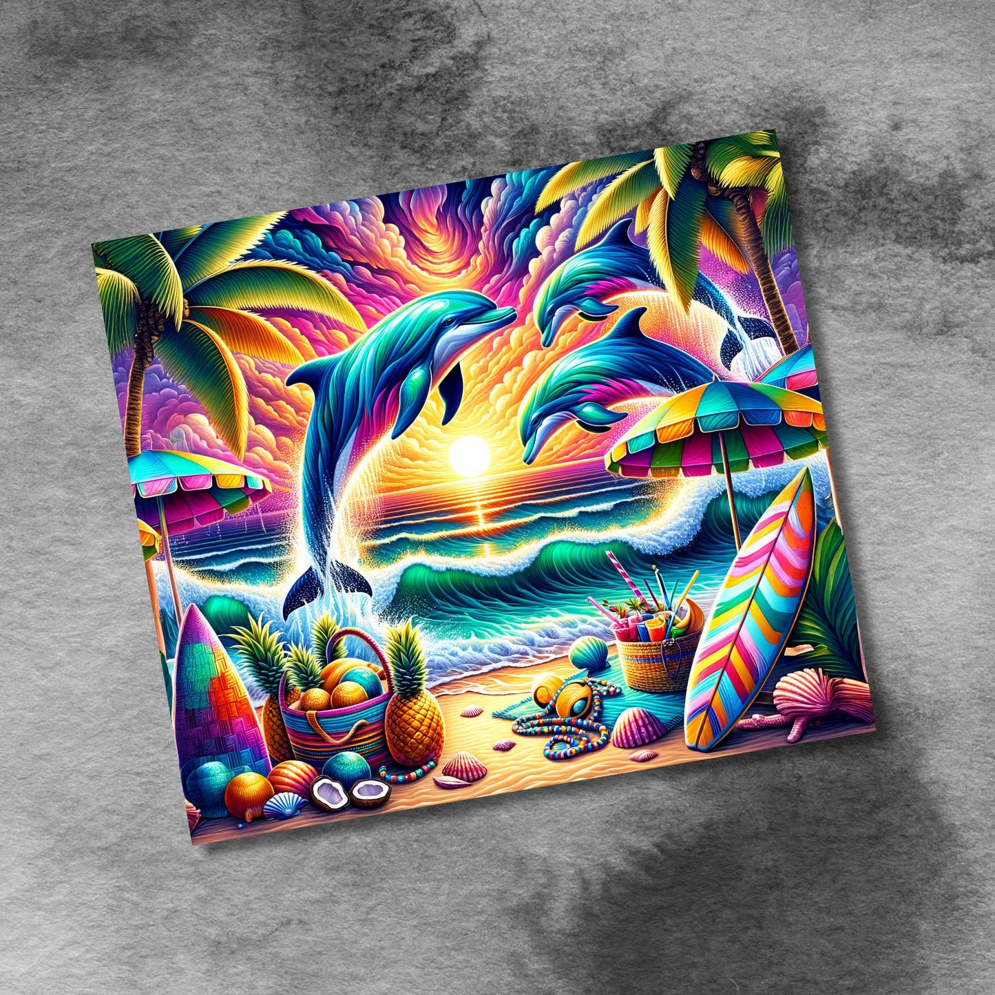 Dolphins Dancing in Sunrise Over Ocean Waves 20oz Skinny Tumbler Designs, Seamless 20 oz Tumbler Wrap Template, PNG Digital Download