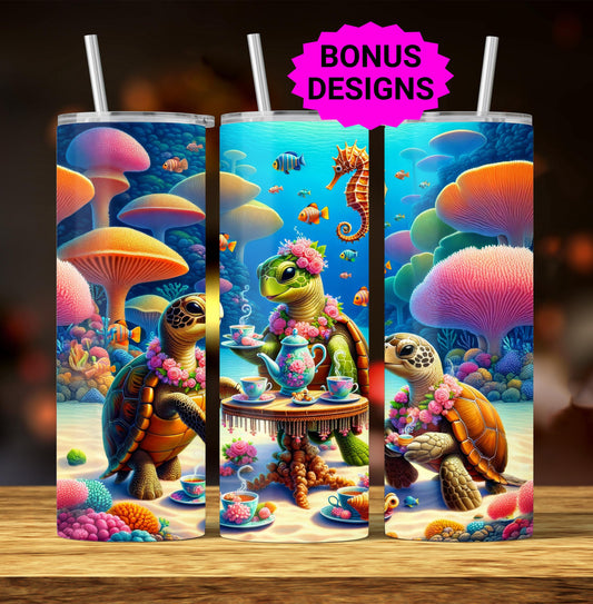Cute Sea Turtle Ocean Tea Party 20oz Skinny Tumbler Designs, Seamless Coral Starfish 20 oz Tumbler Wrap Template, PNG Digital Download