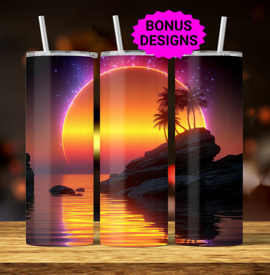 Beach Sunset 20oz Skinny Tumbler Sublimation Templates, Tropical Palm Trees Tropical Ocean Scene Seamless Straight PNG Digital Download
