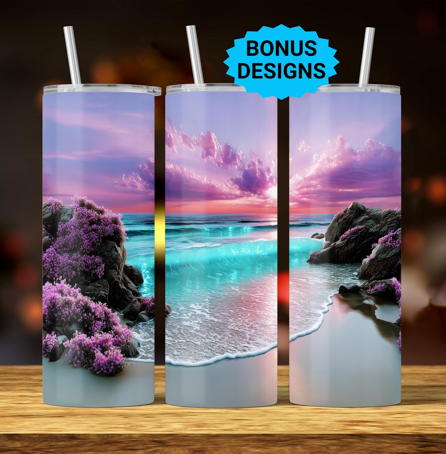 Beach Sunrise 20oz Skinny Tumbler Sublimation Templates, Tropical Purple Beach Tropical Ocean Scene Seamless Straight PNG Digital Download