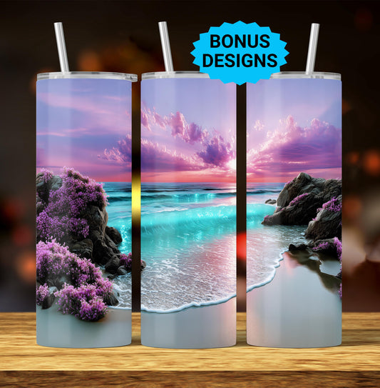Beach Sunrise 20oz Skinny Tumbler Sublimation Templates, Tropical Purple Beach Tropical Ocean Scene Seamless Straight PNG Digital Download