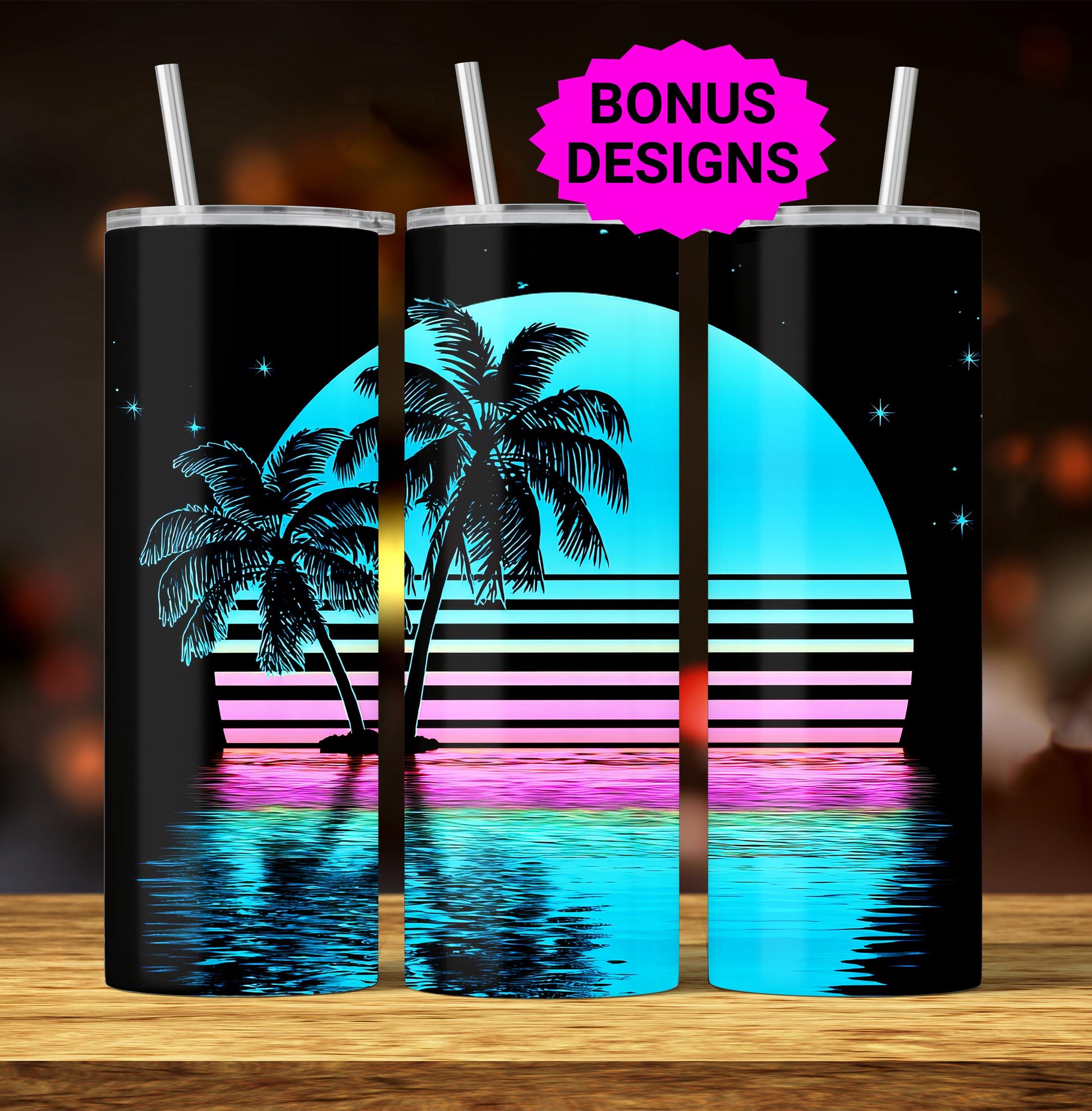 Beach Sunset 20oz Skinny Tumbler Sublimation Templates, Miami Neon Palm Trees Tropical Seamless Straight PNG Digital Download