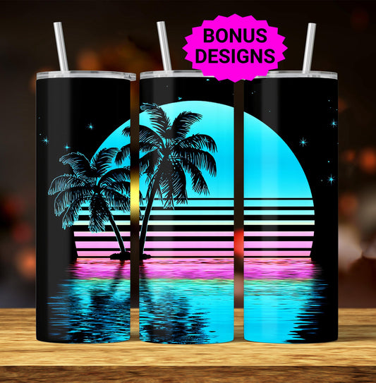 Beach Sunset 20oz Skinny Tumbler Sublimation Templates, Miami Neon Palm Trees Tropical Seamless Straight PNG Digital Download