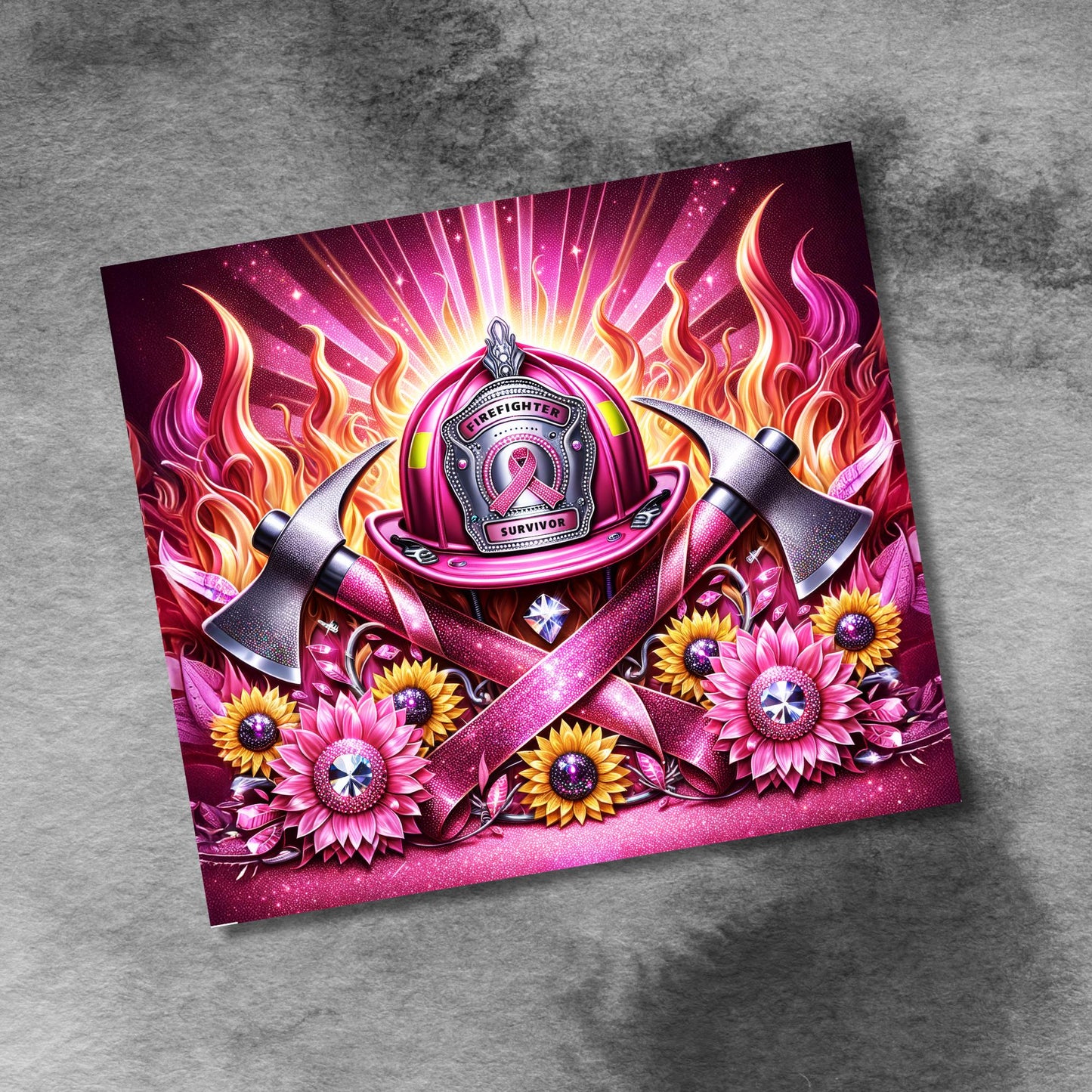 Pink Ribbon Awareness Firefighter 20oz Skinny Tumbler Seamless Breast Cancer Sunflowers Sublimation Design Digital Download PNG