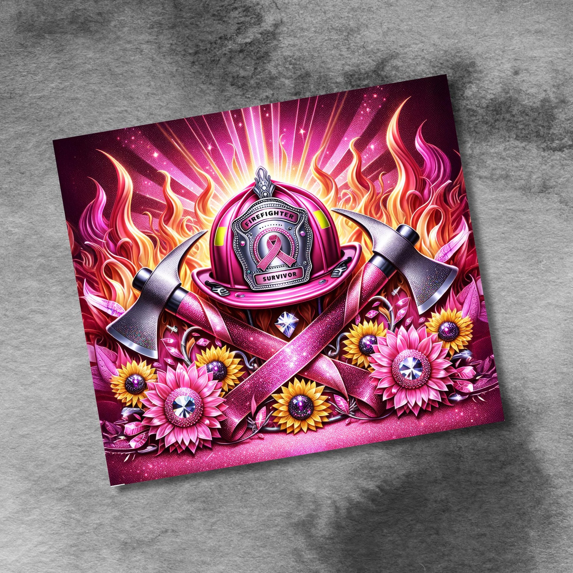 Pink Ribbon Awareness Firefighter 20oz Skinny Tumbler Seamless Breast Cancer Sunflowers Sublimation Design Digital Download PNG