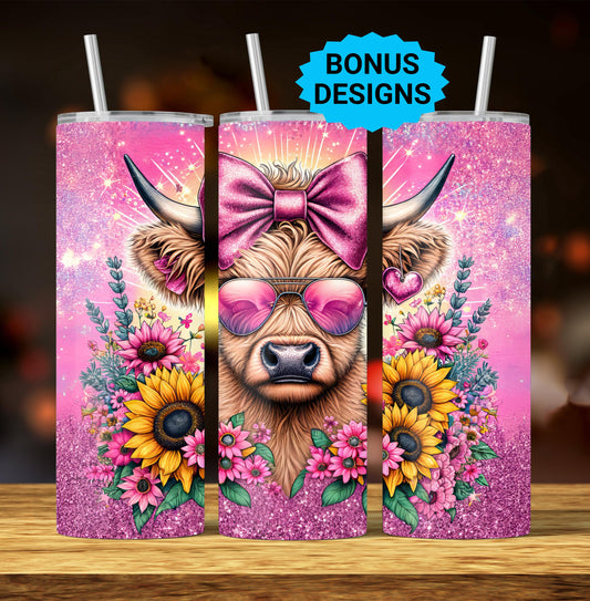 Cute Highland Cow Spring Flowers 20 oz Tumbler Wrap Sunflowers 20oz Skinny Sublimation Tumbler Design, Cow Lover Tumbler Seamless
