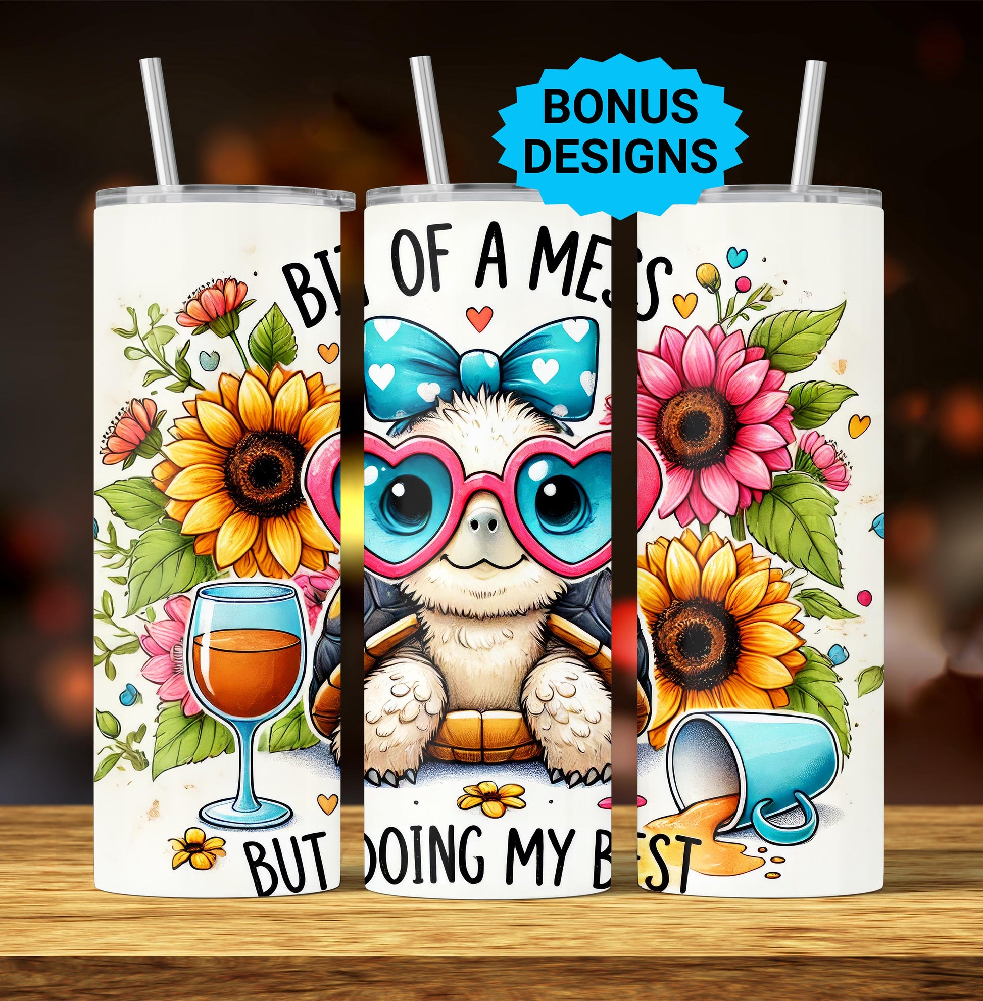 Cute Turtle Bit Of a Mess But Doing My Best Anxiety 20oz Skinny Tumbler Wrap, Seamless Sunflower Sublimation Design PNG