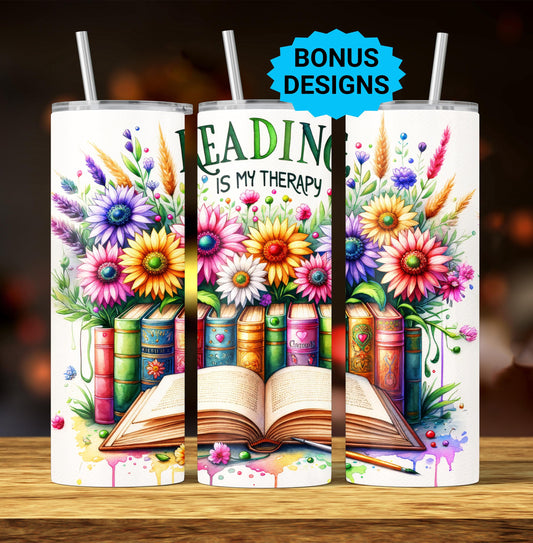Book Lover, 20oz Skinny Tumbler Wrap, Reading is My Therapy Book Seamless Reading Floral 20 oz digital PNG Straight Tumbler Wrap