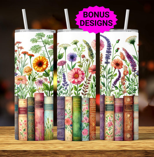Bookish Spring Flowers and Book Garden 20oz Skinny Tumbler Wrap, Seamless Reading Floral 20 oz digital PNG Straight Tumbler Wrap