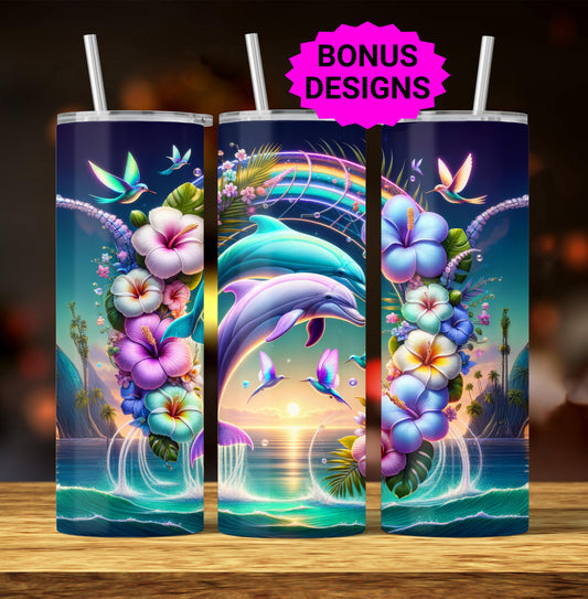Dolphins Dancing in Rainbow of Hibiscus Flowers 20oz Skinny Tumbler Designs, Seamless 20 oz Tumbler Wrap Template, PNG Digital Download