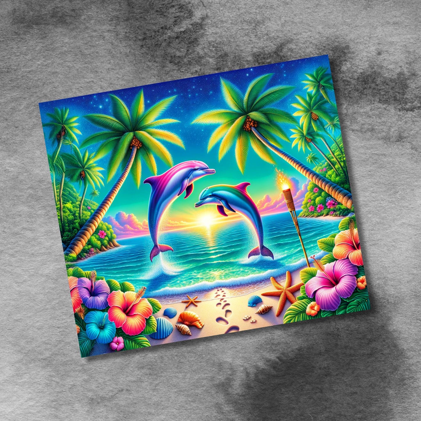 Dolphins Dancing in Sunrise of Hibiscus Flowers 20oz Skinny Tumbler Designs, Seamless 20 oz Tumbler Wrap Template, PNG Digital Download