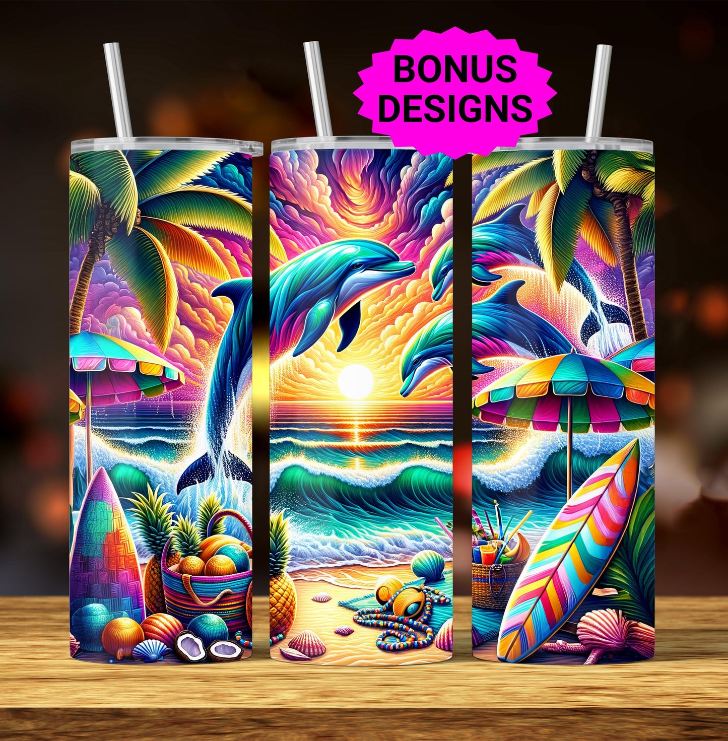 Dolphins Dancing in Sunrise Over Ocean Waves 20oz Skinny Tumbler Designs, Seamless 20 oz Tumbler Wrap Template, PNG Digital Download