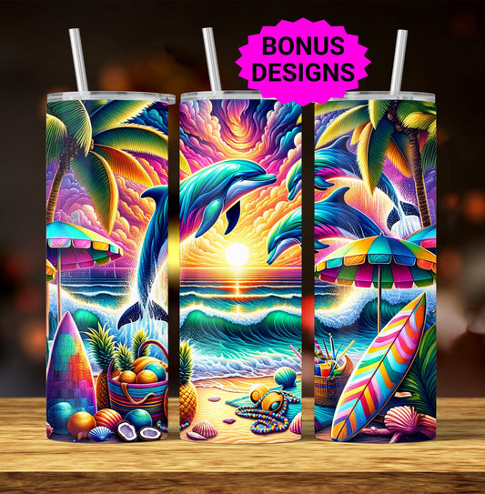 Dolphins Dancing in Sunrise Over Ocean Waves 20oz Skinny Tumbler Designs, Seamless 20 oz Tumbler Wrap Template, PNG Digital Download
