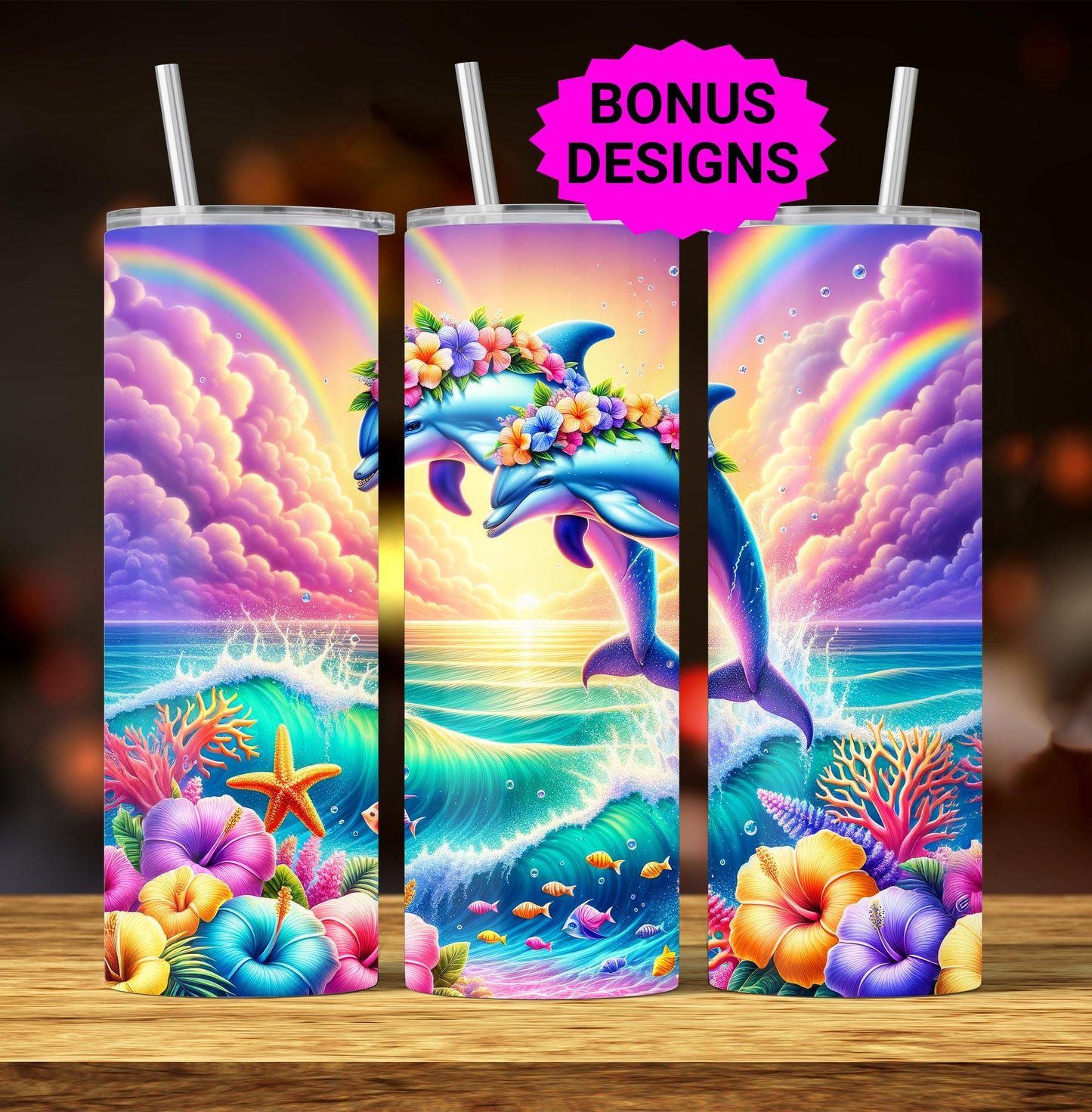 Dolphins Dancing in Waves and Hibiscus Flowers 20oz Skinny Tumbler Designs, Seamless 20 oz Tumbler Wrap Template, PNG Digital Download
