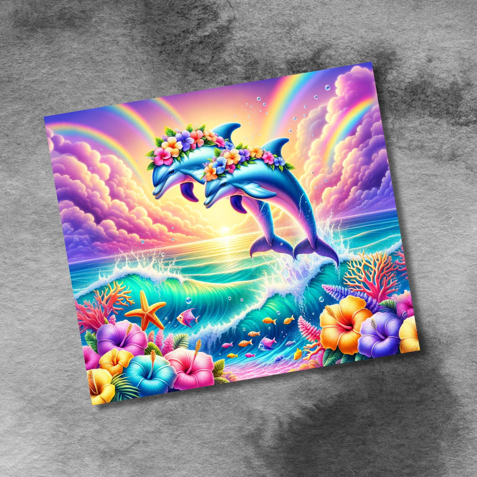 Dolphins Dancing in Waves and Hibiscus Flowers 20oz Skinny Tumbler Designs, Seamless 20 oz Tumbler Wrap Template, PNG Digital Download