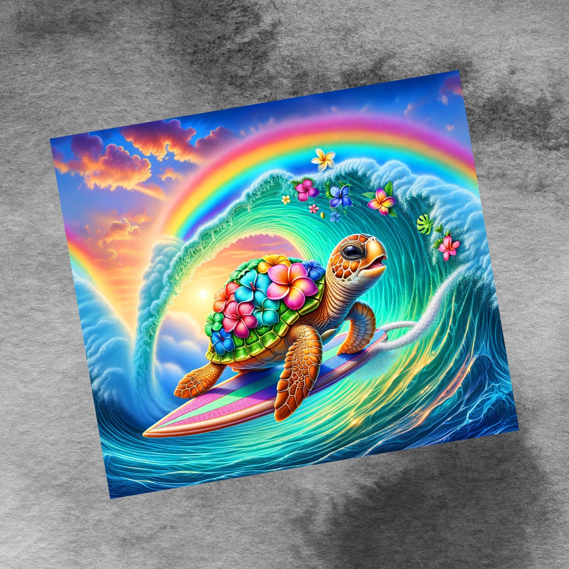 Cute Sea Turtle Surfing Ocean Waves Hibiscus Flowers 20oz Skinny Tumbler Designs, Seamless 20 oz Tumbler Wrap Template, PNG Digital Download