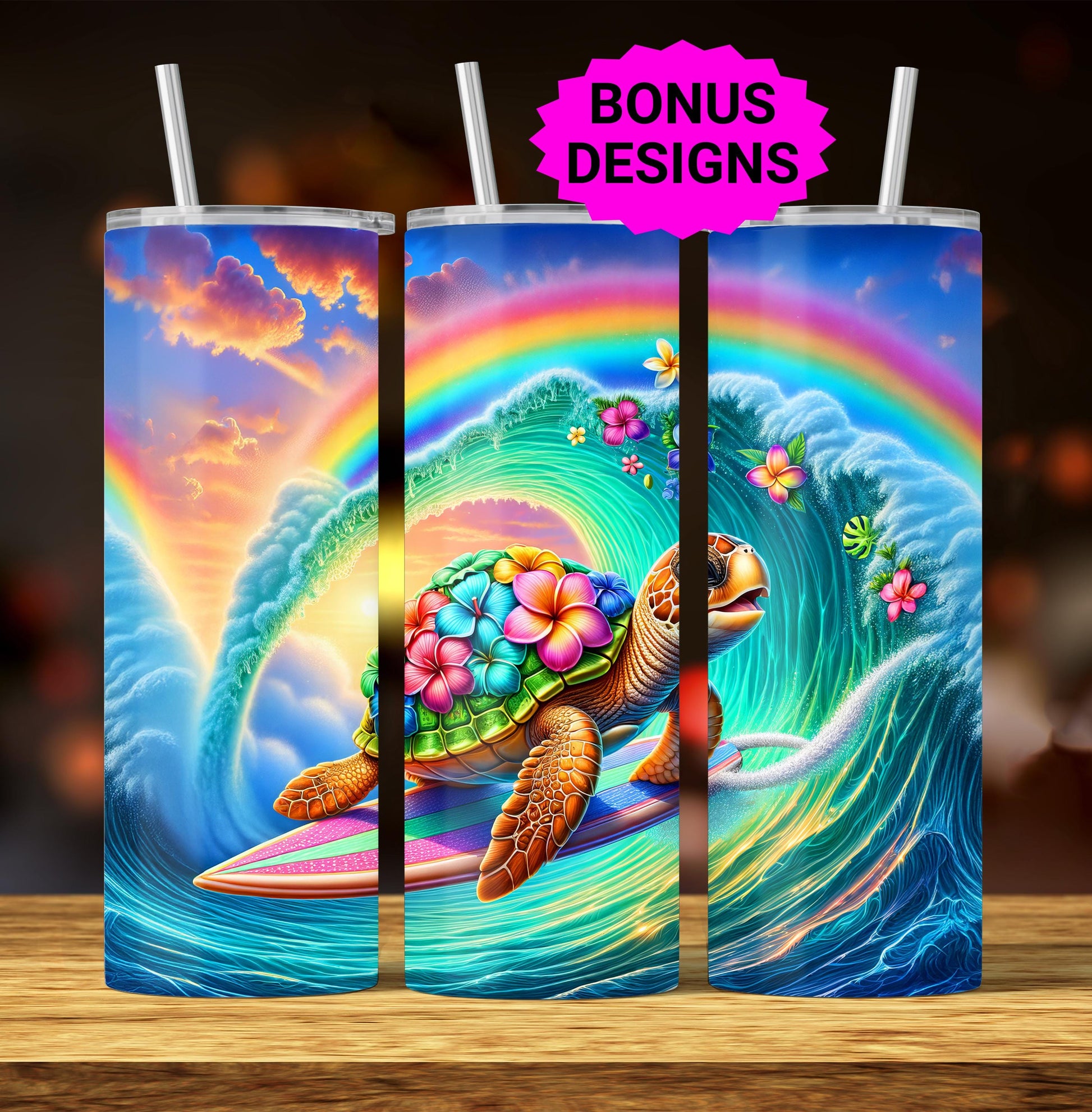 Cute Sea Turtle Surfing Ocean Waves Hibiscus Flowers 20oz Skinny Tumbler Designs, Seamless 20 oz Tumbler Wrap Template, PNG Digital Download