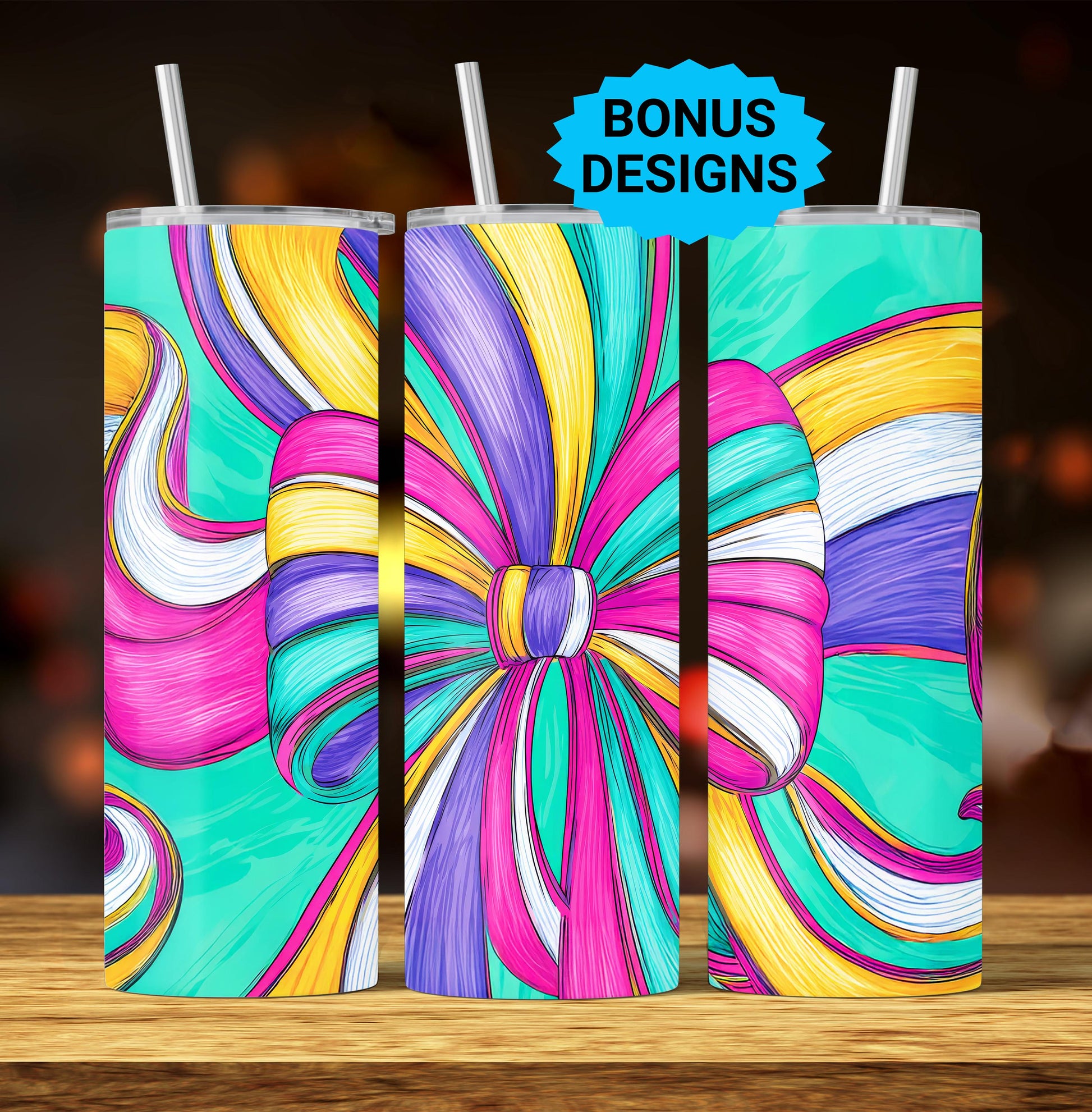 Coquette Bow Rainbow Swirls, 20oz Skinny Tumbler Sublimation Design PNG , Seamless Bow Print Digital Download