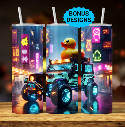 Duck Tumbler Wrap Design 20oz Skinny Tumbler, Happy Cute Neon Duck Seamless Sublimation Design Templates, Tumbler PNG Digital Download