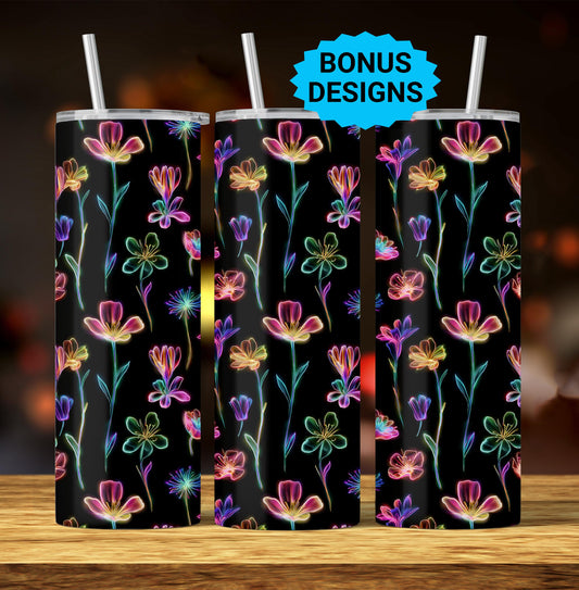 Spring Flowers in Neon , 20oz Tumbler Wrap Skinny PNG Spring Flowers Sublimation Designs, Flower Tumbler Wrap, Digital Download