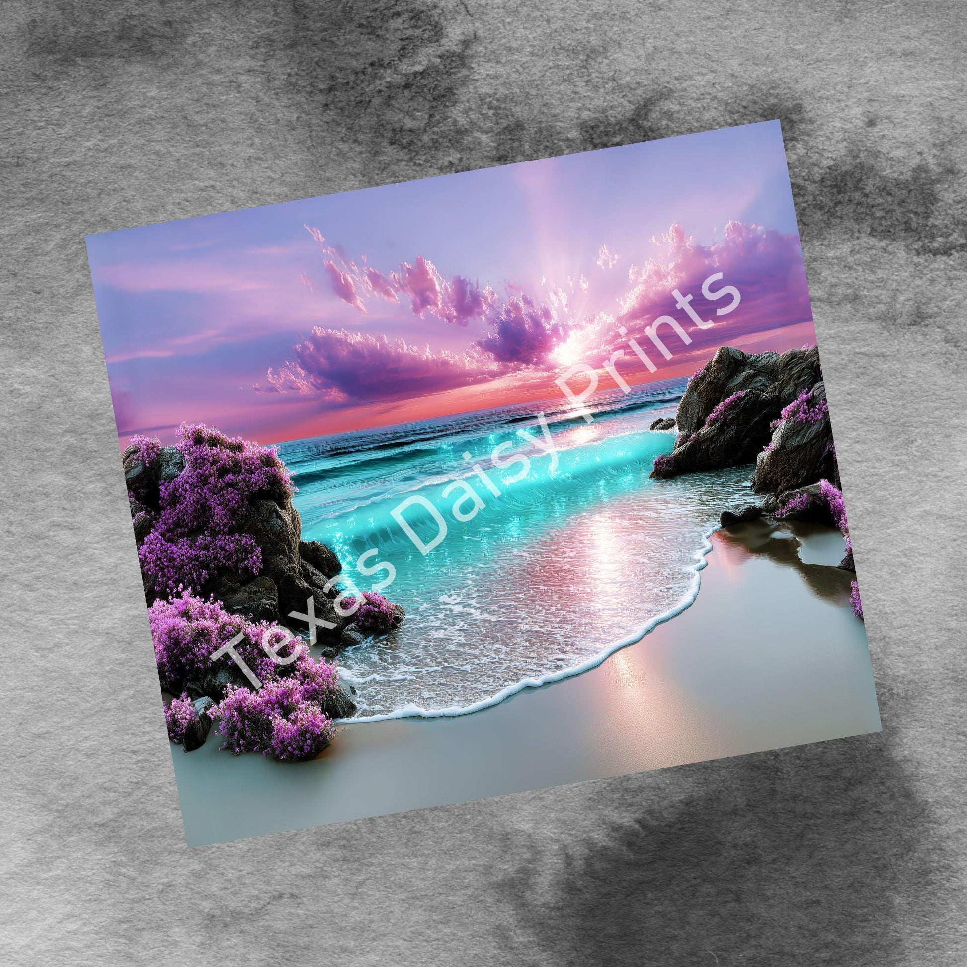 Beach Sunrise 20oz Skinny Tumbler Sublimation Templates, Tropical Purple Beach Tropical Ocean Scene Seamless Straight PNG Digital Download