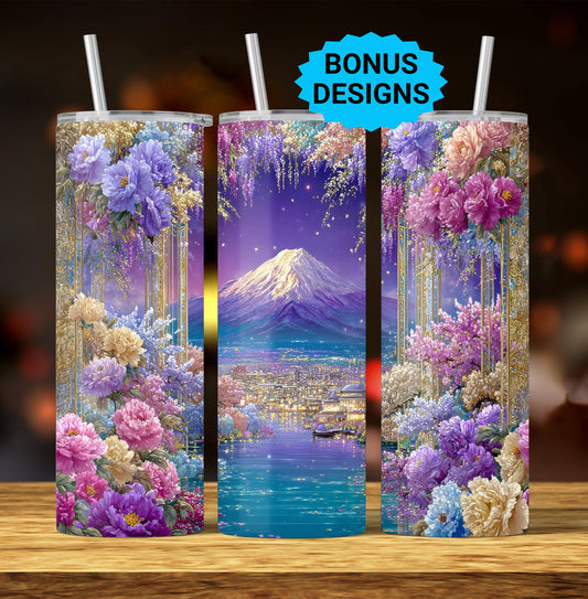 Spring Floral Japanese Garden, 20oz Skinny Floral Tumbler PNG Spring Flowers Sublimation Designs, Flower Tumbler Wrap, Digital Download