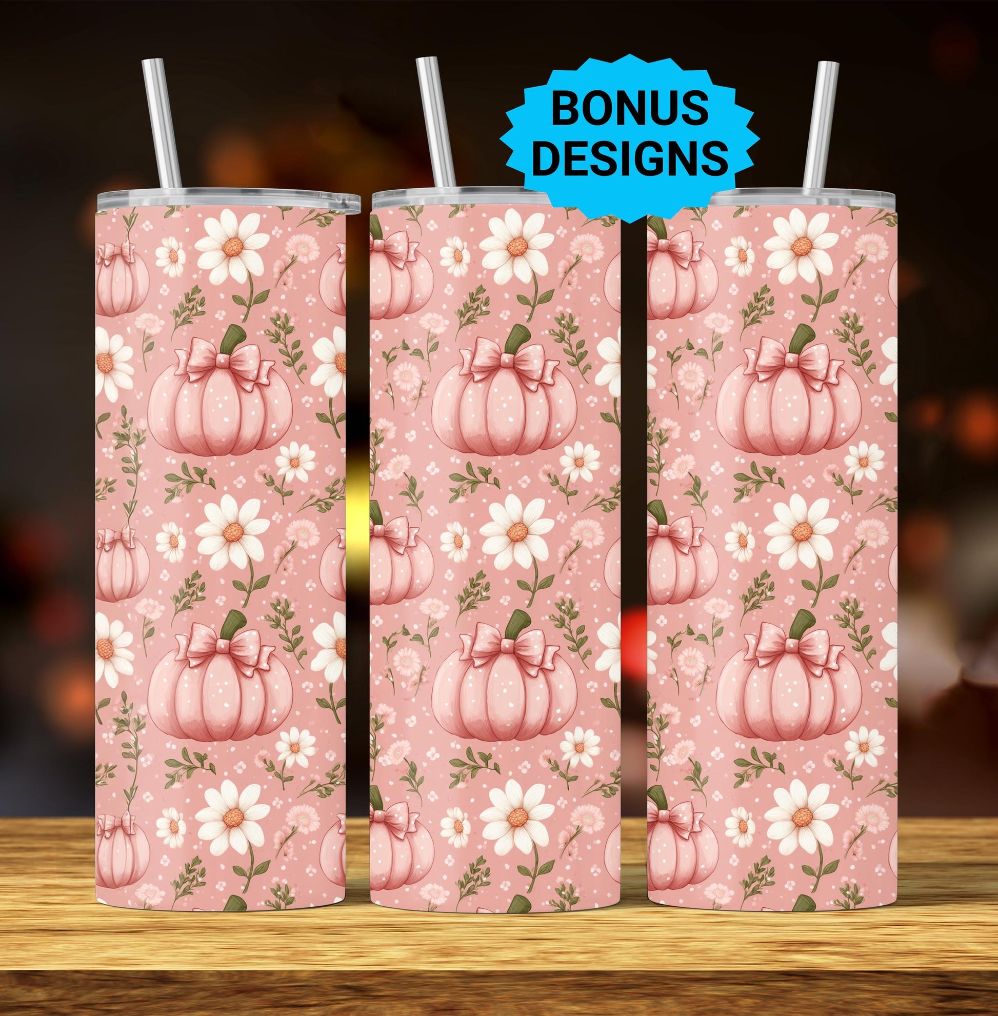 Coquette Pumpkins Pink Bows & Daisies 20oz Skinny Tumbler Wrap, Fall Seamless Sublimation Design Templates, Straight PNG Digital Download