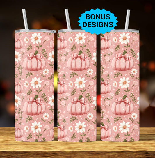 Coquette Pumpkins Pink Bows & Daisies 20oz Skinny Tumbler Wrap, Fall Seamless Sublimation Design Templates, Straight PNG Digital Download