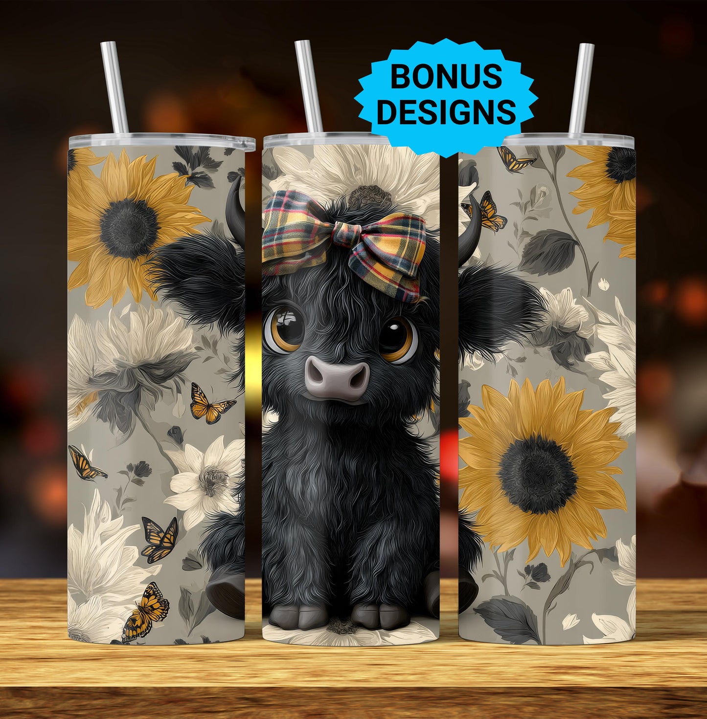 Cute Highland Cow Fall Sunflowers, 20 oz Tumbler Wrap Fall Boho Flowers 20oz Skinny Sublimation Tumbler Design, Cow Lover Tumbler Seamless