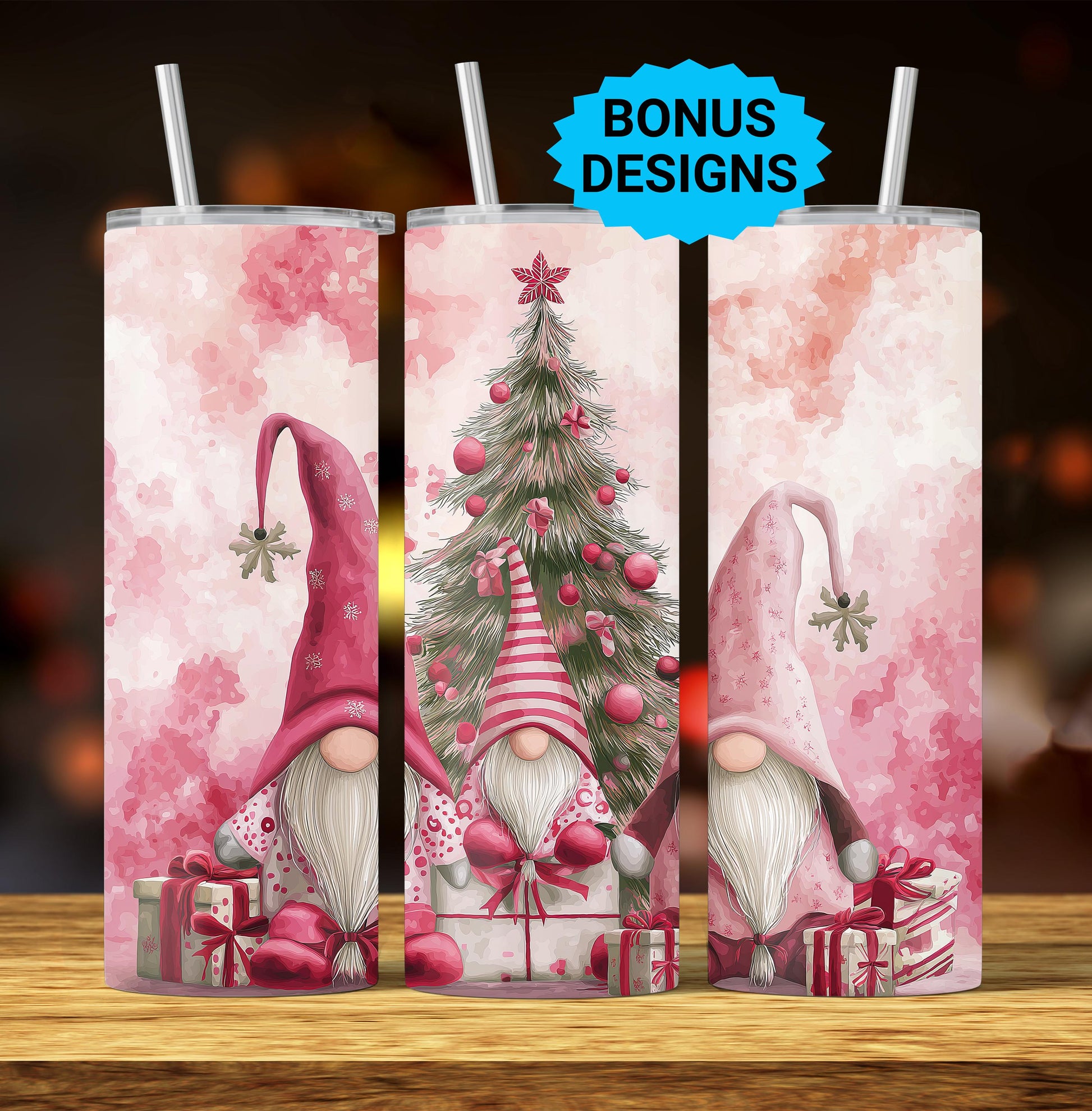 Cute Christmas Gnomes 20oz Tumbler Wrap, Pink Christmas Trees Png, Holiday Christmas Tumbler Png, 20oz Seamless Wrap, Digital Download