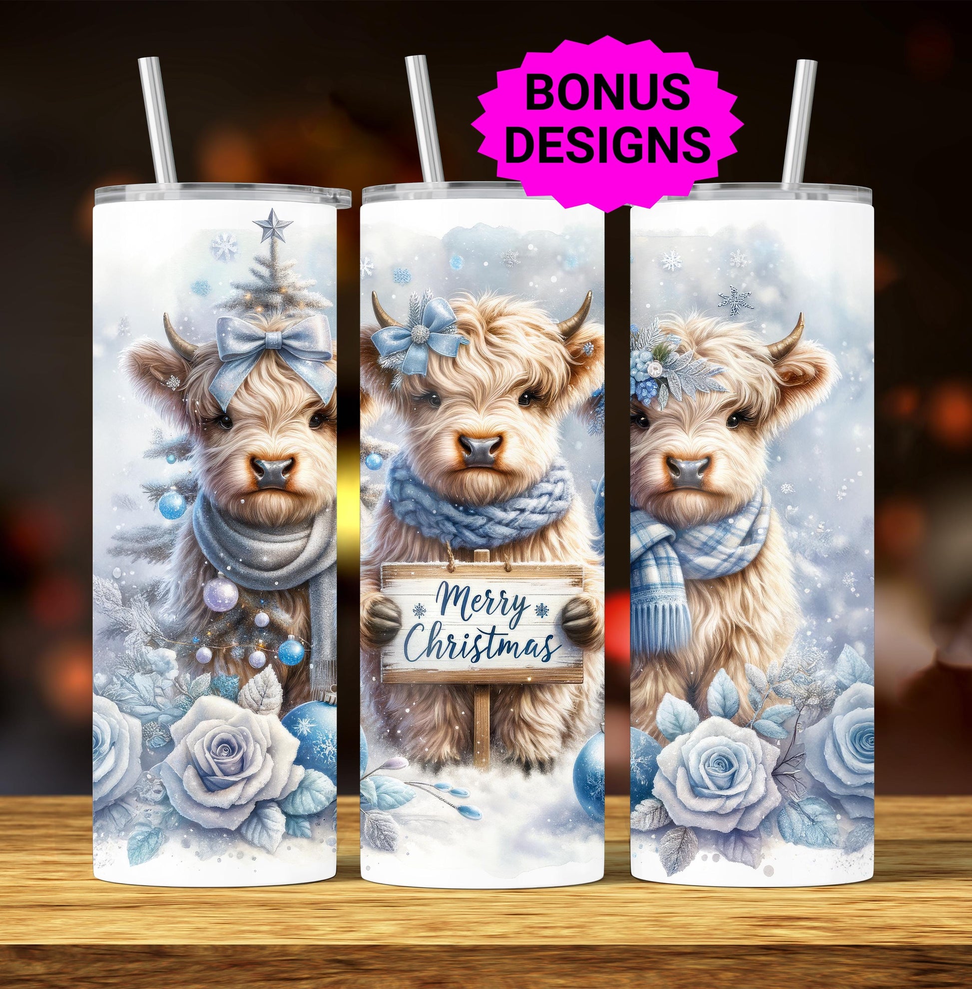 Cute Winter Merry Christmas Highland Cow 20oz Tumbler Wrap, Christmas Trees Presents Png, Tumbler Png, 20oz Seamless Wrap, Digital Download