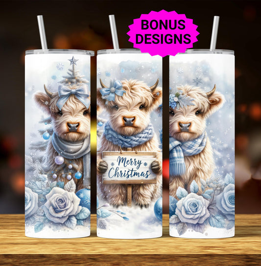 Cute Winter Merry Christmas Highland Cow 20oz Tumbler Wrap, Christmas Trees Presents Png, Tumbler Png, 20oz Seamless Wrap, Digital Download