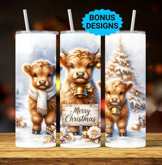 Cute Winter Merry Christmas Highland Cow 20oz Tumbler Wrap, Christmas Trees Presents Png, Tumbler Png, 20oz Seamless Wrap, Digital Download