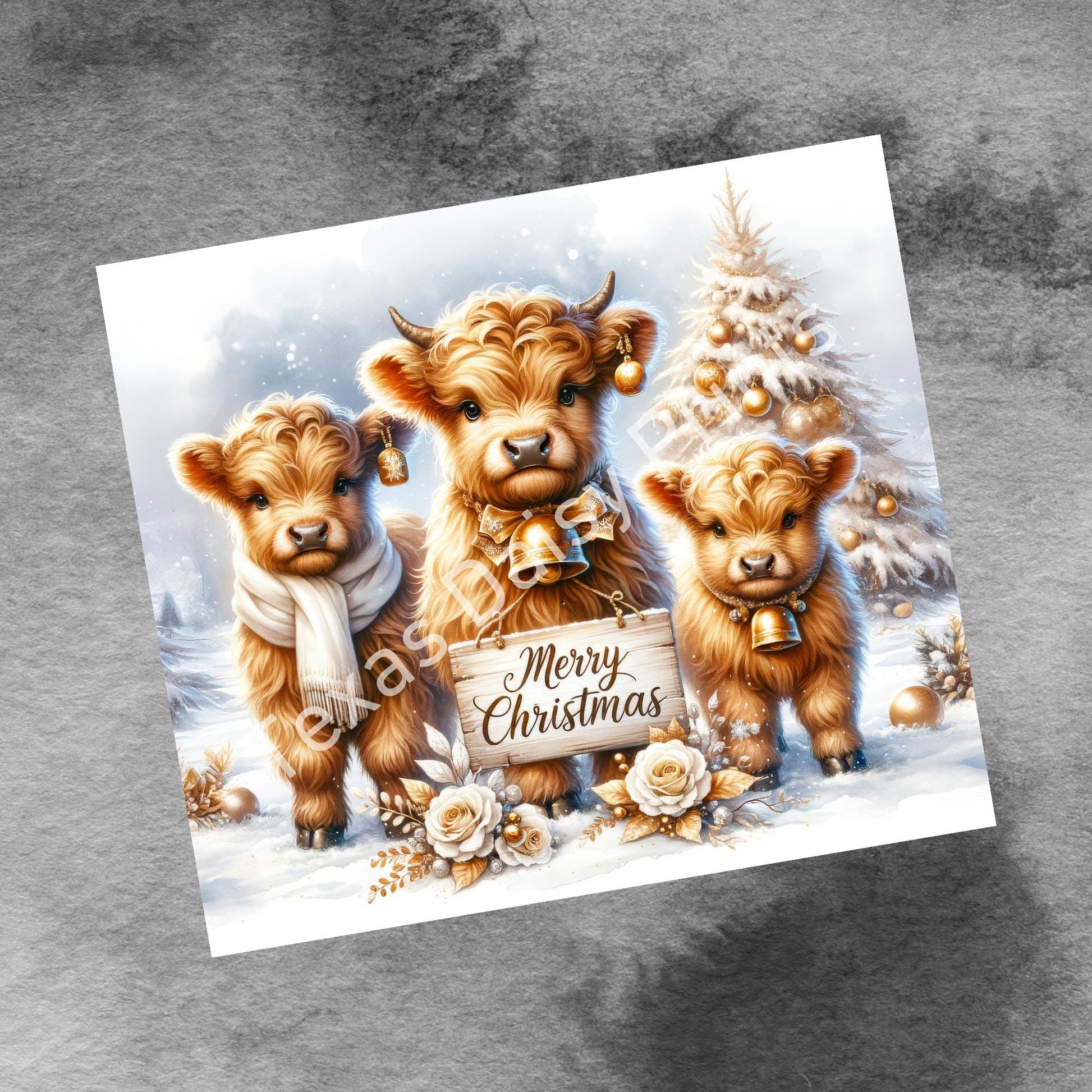 Cute Winter Merry Christmas Highland Cow 20oz Tumbler Wrap, Christmas Trees Presents Png, Tumbler Png, 20oz Seamless Wrap, Digital Download